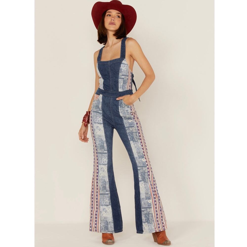 Free People Blue and Red Patchwork Flare Jumpsuit